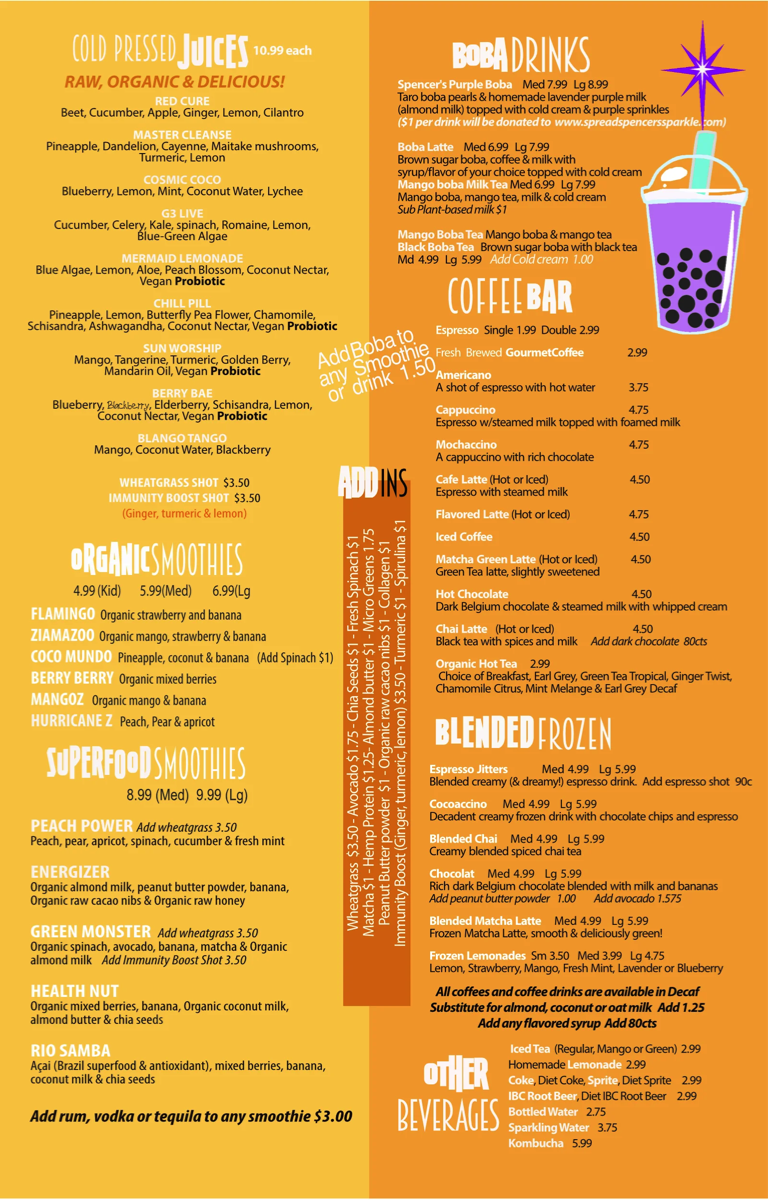 Coffee and Smoothes Menu